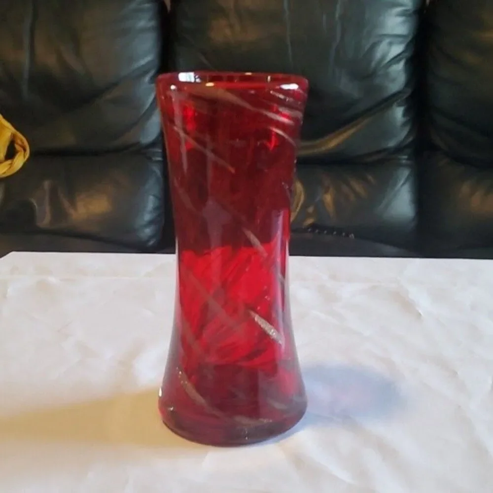Art Glass Vase | Red with Gold & Black Swirls | Studio-Style Hand Blown MCM